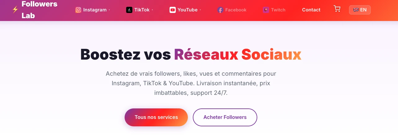Page accueil Followers Lab plateforme achat followers Instagram