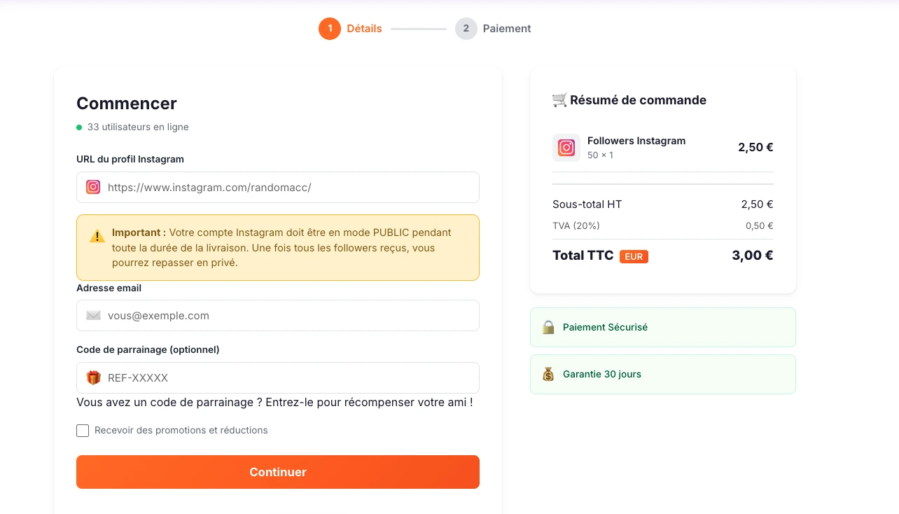 Page commande Followers Lab acheter followers Instagram
